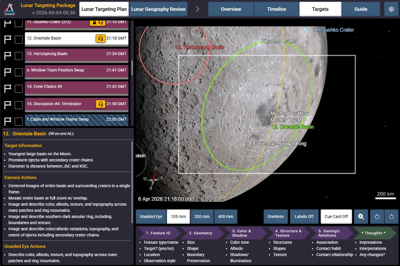 Caption: This is a screen shot of the application the crew sees on their personal computing devices that guides them in the execution of the lunar science observation plan. This custom software was built by the crew lunar observations team, a subset of the Artemis II lunar science team. In this screenshot you can see Orientale basin, target number 12 circled on the bottom right of the Moon, and to its left, target number 13, Hertzsprung basin. 